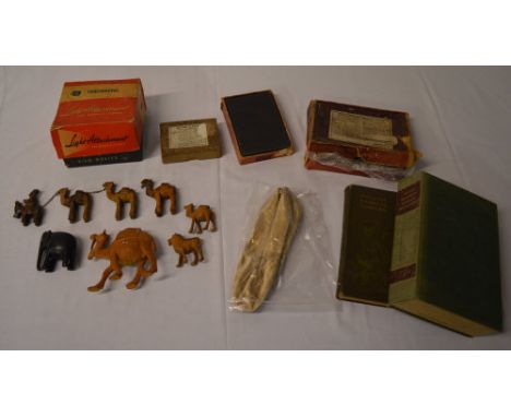 Wooden animals, gardening books, view master light attachment, small pair of slippers and various negative slides