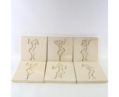 6 intaglio carved limestone panels depicting Eastern dancers, approximately 30cm squareGood overall condition, some light sur