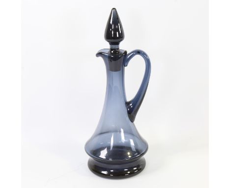 A mid-century handmade blue glass decanter/carafe, height 31cmGood condition, light surface wear 