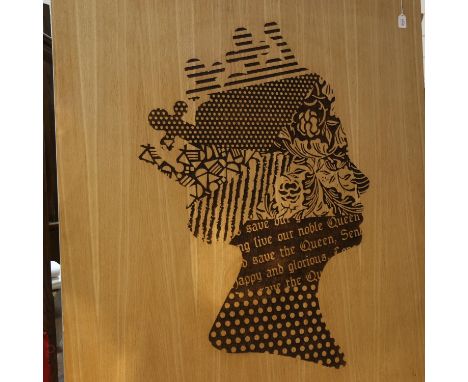 A large stylised portrait of H.M. The Queen, on laser etched 30mm oak faced ply board, 200cm x 120cmGood overall condition, s