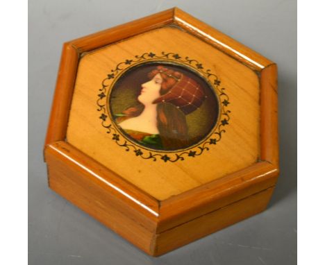 A French Art Nouveau satinwood box, portrait of a young lady