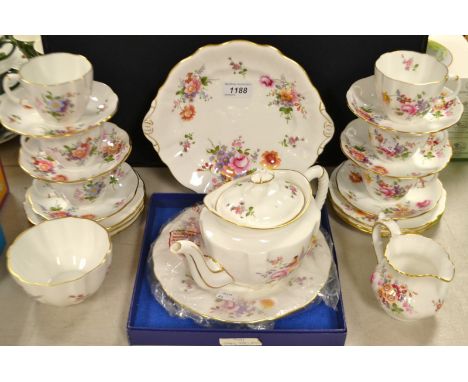 A Royal Crown Derby Posie tea set, comprising 23 pieces, including teapot and cake stand, first quality