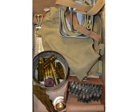 Militaria - a 4.5 inch brass shell case vase;  a machine gun ammunition belt;  other loose shells,  a table lighter,  mess ti