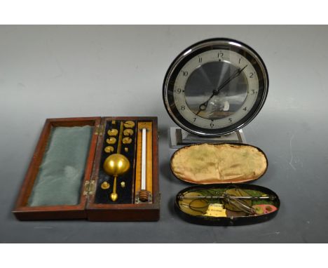A Sikes thermometer; cased scales; Art Deco mantel clock (3)