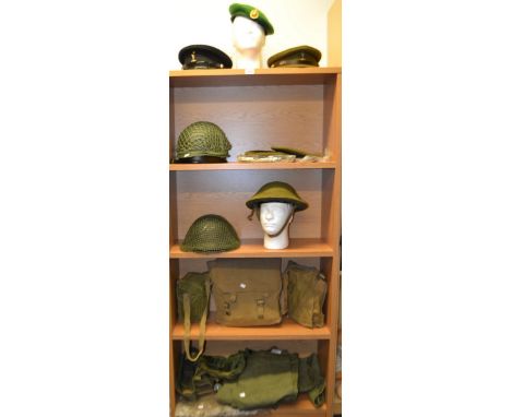 Military uniform - A Mk2 Light Gas Mask, cased with filter, an American issue helmet;  others;  berets, dress caps, webbing, 