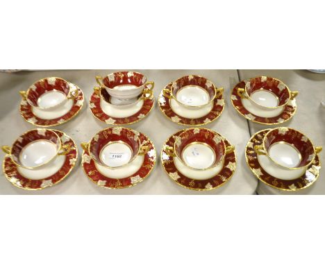 A Royal Crown Derby Vine Maroon pattern set of eight soup cups and plates, first quality; a cup, similar