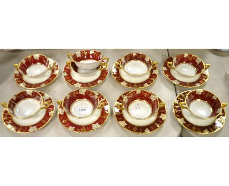 A Royal Crown Derby Vine Maroon pattern set of eight soup cups and plates, first quality; a cup, similar