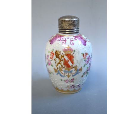 A Chinese tea caddy, bearing Armorial, silver top