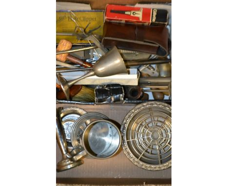 Boxed & Objects - a Ronson pocket lighter;  others;  hair clippers, boxed;  crimper and heater,  pipes, spoons; small qty pew
