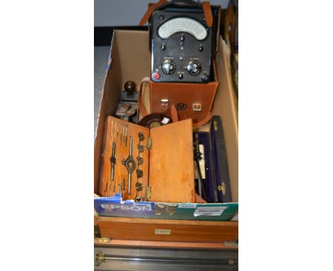 Scientific instruments - tap and die set; a Stanley draughtsman's rule; Edgecumbe and Peebles Metrohm meter; Avo meters; Stan