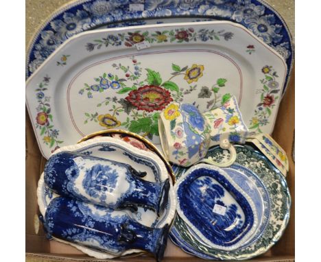 Ceramics - a Spode blue and white meat plater;  another floral;  a pair of Losolware Watteau vases etc