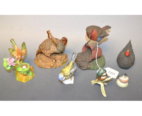 Ceramics - A Goebel model of Bluetit, another, Woodpecker ; a Crown Staffordshire Robin with a nest modelled by J.T. Jones ; 