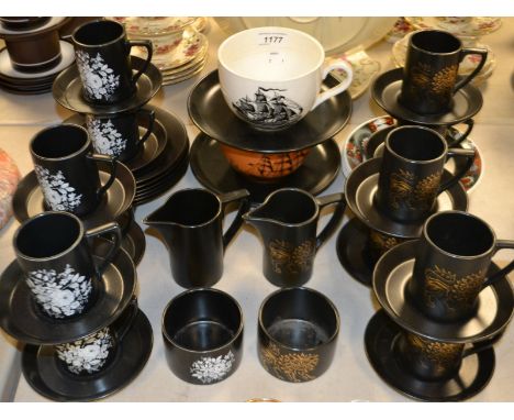 A set of Portmeirion coffee cups and saucers ; another set of six ; a pair of Portmeirion sailing ships breakfast mugs ; etc 