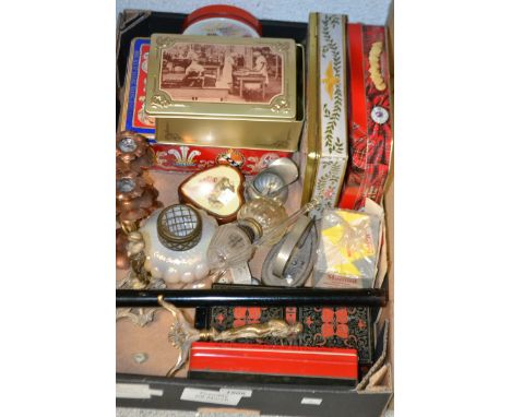 Boxes and Objects - a pair of Arts and Crafts candlesticks; a pair of brass garniture classical figures; a paper mache snuff 