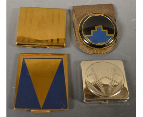 A Stratton Art Deco compact, the cover with geometric blue enamel and gilt chevron, 7cm wide, c.1930; another,  circular, 5cm