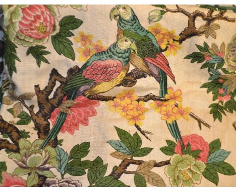 Textiles - a large pair of country house style linen curtains, Oriental style design featuring flowers and bird, 170cm x 280
