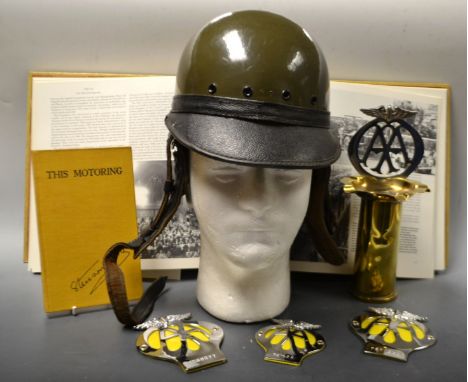 Transport - a vintage Slazenger AA mans motor cycle Helmet, size 6;  AA badges;  Ashray,  book etc