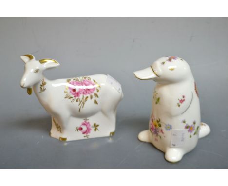 A Royal Crown Derby paperweight, Pinxton Roses nanny goat, first quality; another, posie playtpus, second quality, boxed