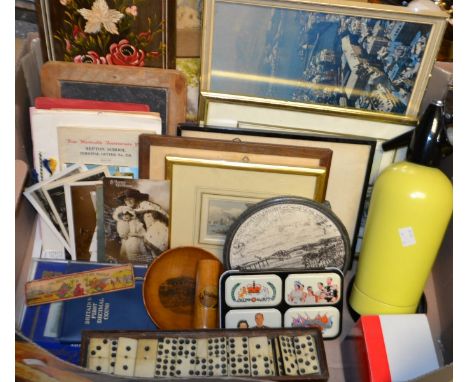 Boxes and Objects - A bone and ebony domino set; a Mauchline ware pin dish and needle case; postcards, coins, pictures and pr