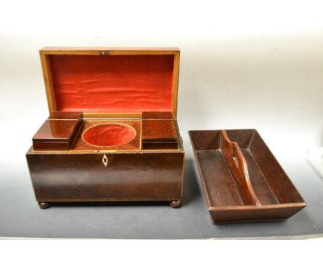 A George III mahogany rectangular tea caddy, hinged cover, enclosing bowl aperture and canisters, bun feet, c.1810;  a 19th c