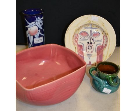 An Ault Pottery bulb bowl; a Shelley vase; a Bason vase; a Meakin Surrealist plate (4)