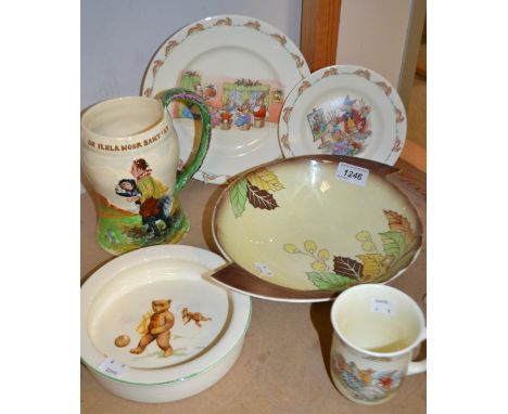 A Crown Devon Fieldings musical jug, 'ON ILKLA MOOR BAHT'AT'; Bunnykins nursery set; Carltonware bowl; etc.