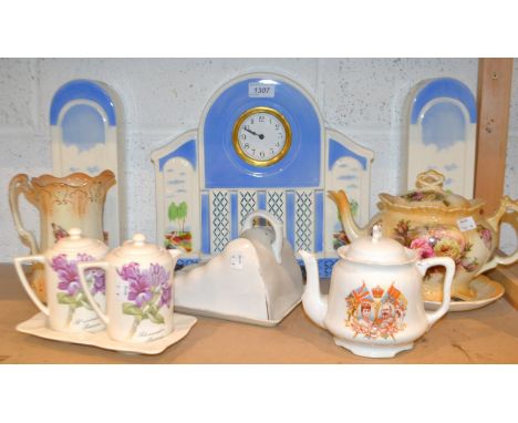 A continental Art Deco clock garniture; a Royal Winton coffee pot and hot water jug on tray; decorative ceramics