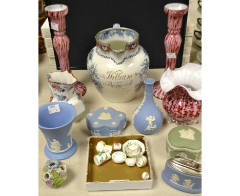 Ceramics - Wedgwood Jasperware vases;  trinket box;  lighter;  spill vase green trinket box;  Crown Staffordshire miniatures;
