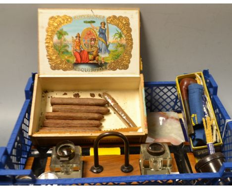 Boxes and Objects - A walnut desk inkwell; smoking ephemera including Cerradero cigars boxed, a Parker Super Bruyere pipe set
