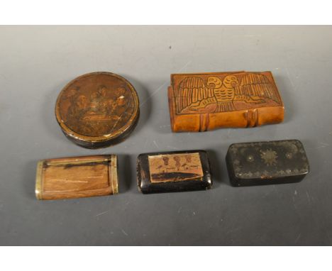 A 19th century papier mache circular snuff box, the push-on cover applied with a tavern snuff-taking scene, 8.7cm diam; a 20t