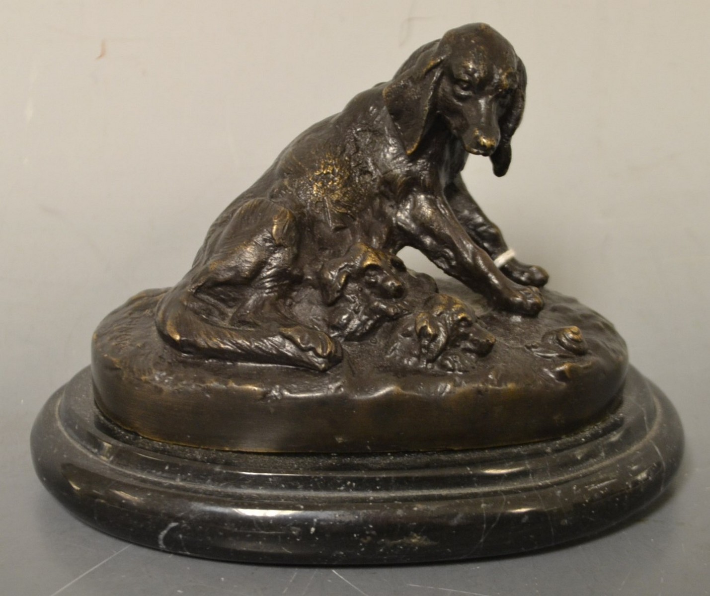 Hingre a bronze figure group, seated dog with puppy's, signed, oval