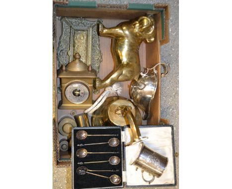 Metalware - a brass model of a bull dog; a bell; a Victorian EPNS sauceboat; scales and weights; etc.