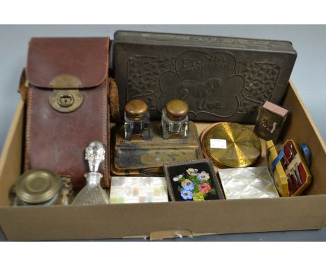 A novelty 1960s manicure case, as a miniature suitcase; a lady's mother-of-pearl powder compact; others; an miniature desk st
