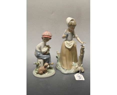 A Nao figure, Rustic Girl; a Lladro figure of a boy and his dog (2)