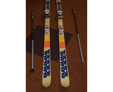 Pair of vintage ski's together with 2 ski poles 