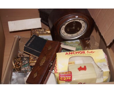 Box to include a 1930's mantle clock, stamps &amp; others