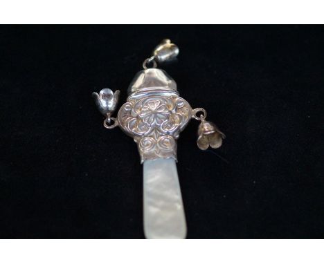 Victorian silver babies teething rattle set with mother of pearl 