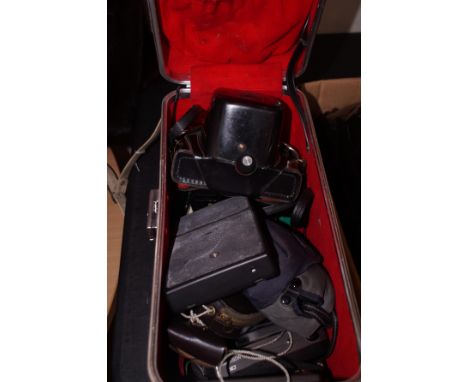 Box of vintage cameras &amp; equipment 