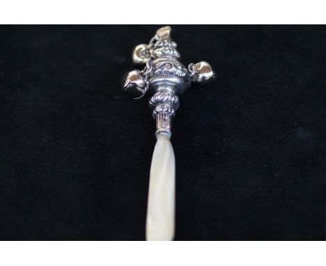 Victorian silver babies teething rattle set with mother of pearl 