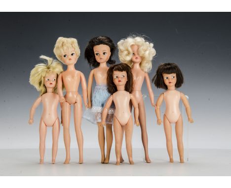 Six naked Sindy and Patch dolls 1980s and 70s: Sindy blonde, short and long hair, brunette; Patch with blonde, brunette and r
