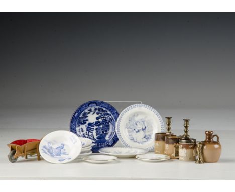 Doll’s china: five French transfer printed soup bowls with children playing; two English blue and white transfer plates; four