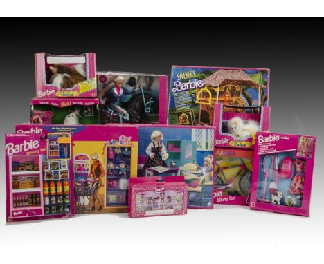 Twenty 1990s Barbie accessories sets: including Barbie & Champion, Bank, Aqua Magic Shop & Shack, Toy Store, Mask Shop, Clean