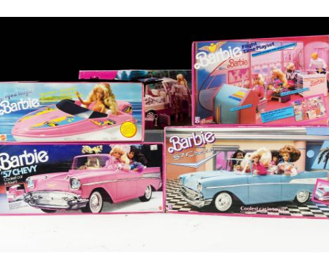 Five 1990s Barbie vehicles: two 57 Chevys, one pink and one blue, Picnic Van, Aqua Magic Speedboat and Flight Time Playset, i