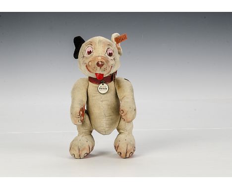 An extremely rare Steiff Begging Bonzo 1927, of cream velvet, clear glass eyes with dark pink and light pink backs, red felt 