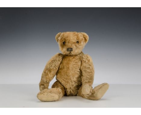 A rare early Steiff cone nosed Teddy Bear with small blank button, with apricot mohair, black boot button eyes pronounced muz