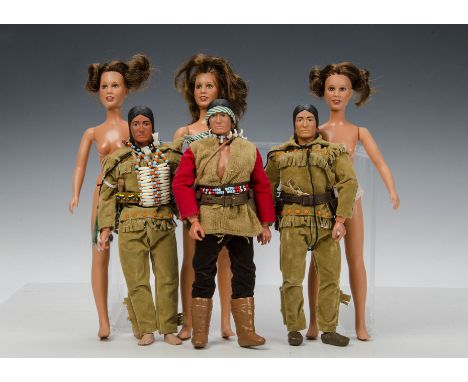 Three Gabriel Industry Tonto dolls from the Lone Ranger, in three different original outfits; three naked Kenner Princess Lei