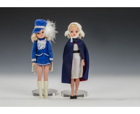 A Pedigree Sindy Nurse, 1982, with blonde hair; and a Sindy Majorette, blonde with blue outfit and baton