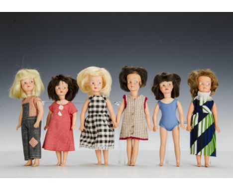 Six Patch dolls 1960 and 70s: three brunettes, one light brown and two blondes, 1st and 2nd issues and Canterbury Patch, all 