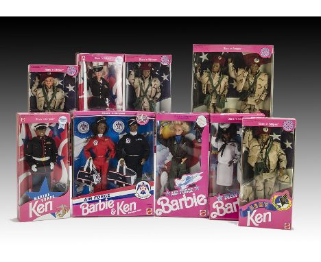 Stars ‘n Stripes Forces Barbie & Ken 1990s: black army deluxe set, black Air Force Barbie & Ken, three Army, three Air Force,