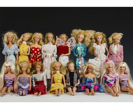Forty-three 1980s and 90s Barbies: all blonde, most in original clothes (one arms loose, most with light playwear)